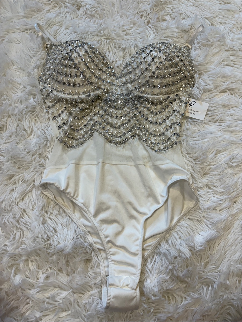 Windsor Ivory Sheer Mesh Rhinestone Bodysuit with Satin Cups